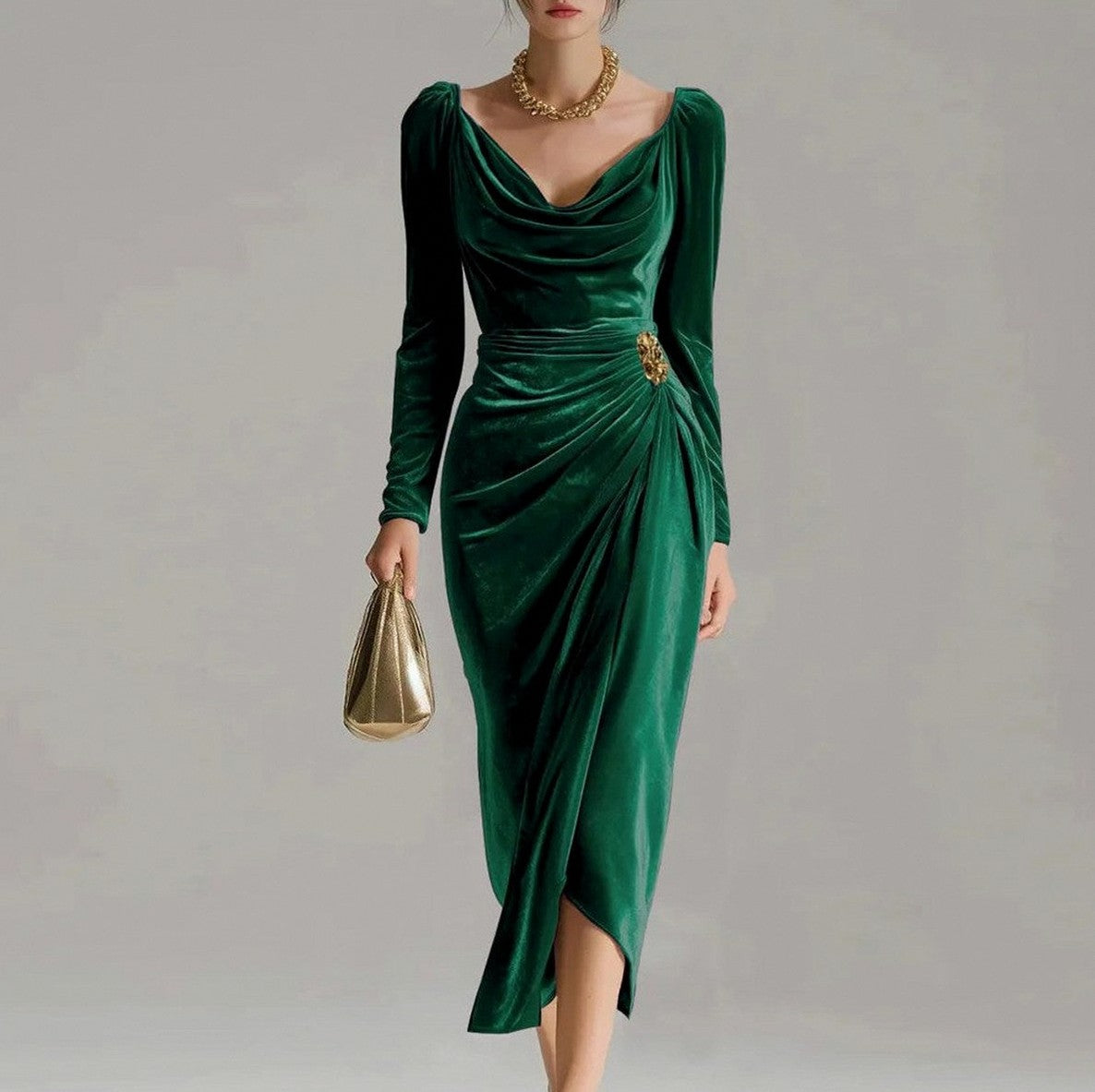 Velvet Cowl Neck Draped Midi Dress