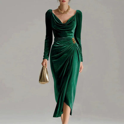 Velvet Cowl Neck Draped Midi Dress