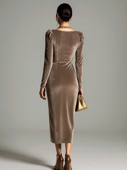 Velvet Cowl Neck Draped Midi Dress