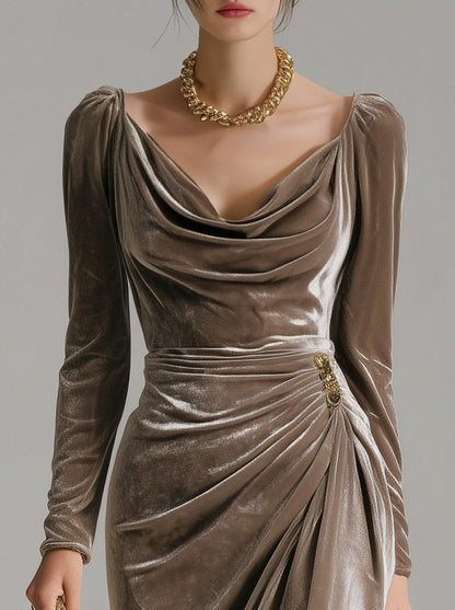 Velvet Cowl Neck Draped Midi Dress