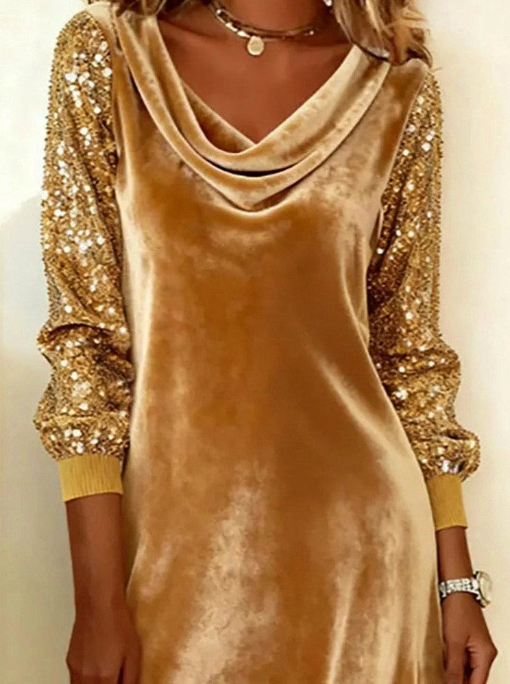 Velvet Cowl Neck Sequin Mini Dress