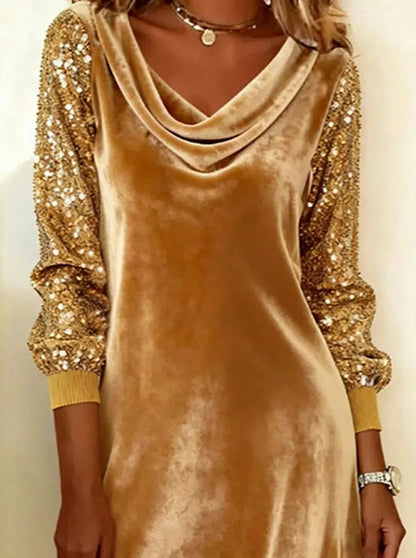 Velvet Cowl Neck Sequin Mini Dress