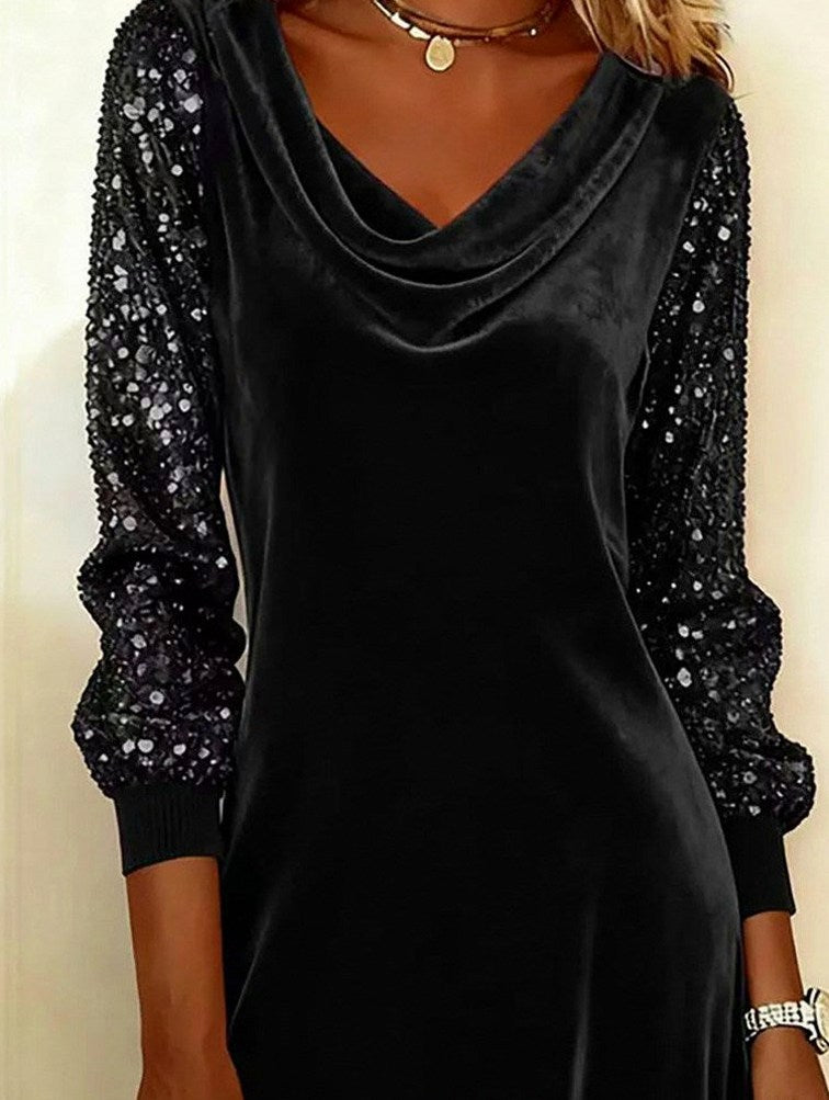 Velvet Cowl Neck Sequin Mini Dress