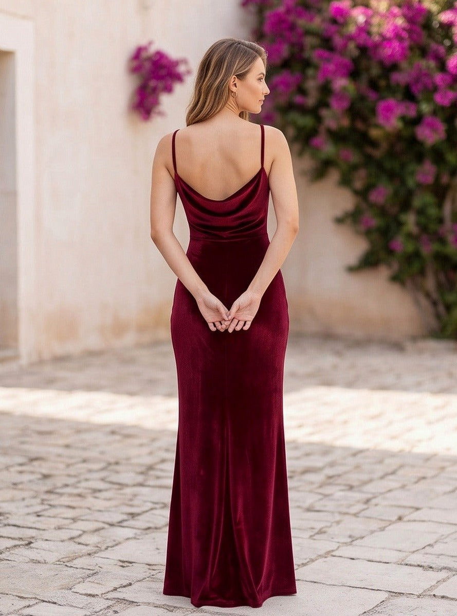 Velvet Cowl Spaghetti Strap Maxi Dress