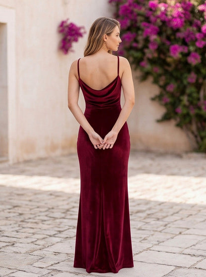 Velvet Cowl Spaghetti Strap Maxi Dress
