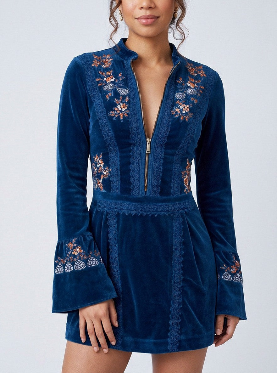 Velvet Embroidered Bell Sleeve Mini Dress
