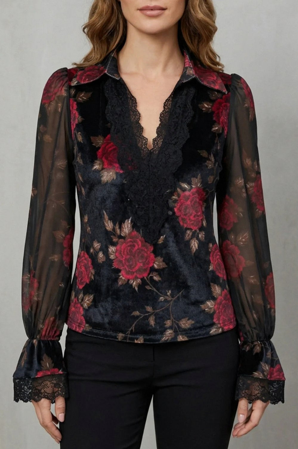 Velvet Floral Long Sleeve Blouse
