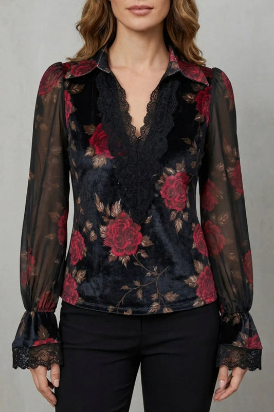 Velvet Floral Long Sleeve Blouse