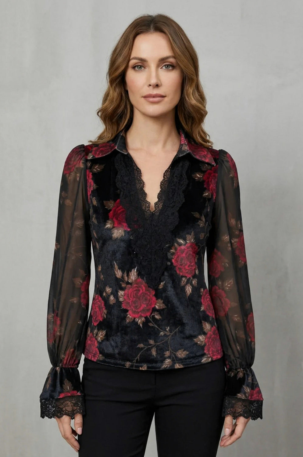 Velvet Floral Long Sleeve Blouse