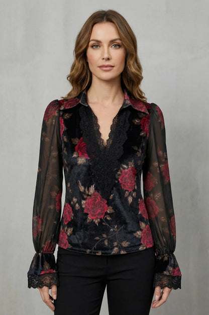 Velvet Floral Long Sleeve Blouse