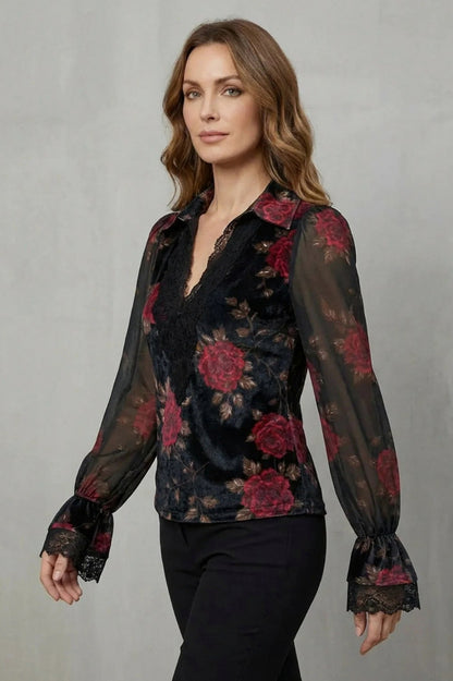 Velvet Floral Long Sleeve Blouse