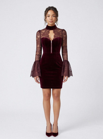 Velvet Lace Long Sleeve Mini Dress