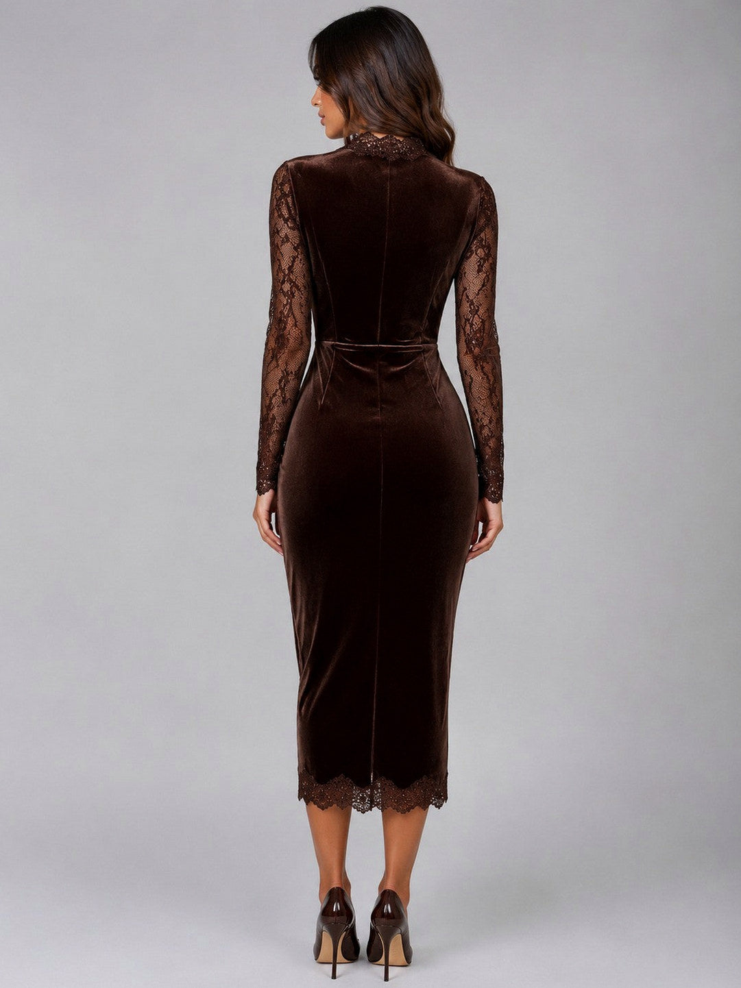 Velvet Lace Trim Long Sleeve Midi Dress