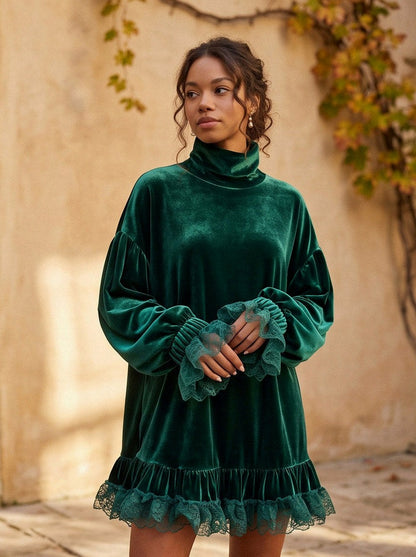 Velvet Turtleneck Lace Trim Balloon Sleeve Mini Dress