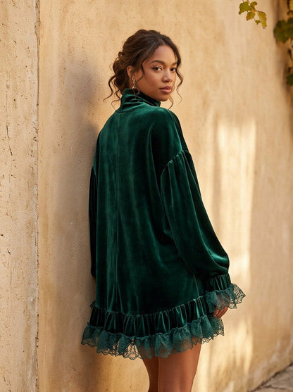 Velvet Turtleneck Lace Trim Balloon Sleeve Mini Dress