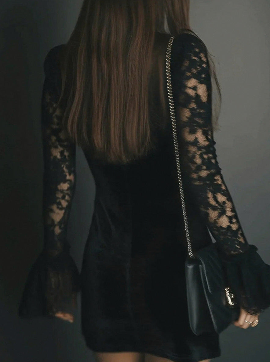 Velvet Lace Trim Plunge Long Sleeve Mini Dress