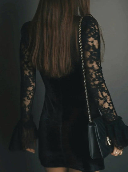 Velvet Lace Trim Plunge Long Sleeve Mini Dress