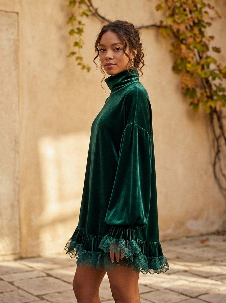 Velvet Turtleneck Lace Trim Balloon Sleeve Mini Dress