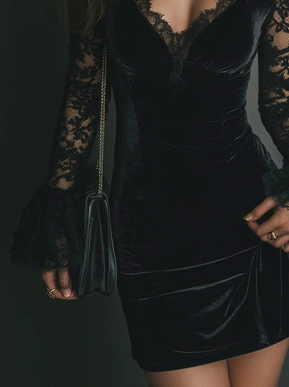 Velvet Lace Trim Plunge Long Sleeve Mini Dress