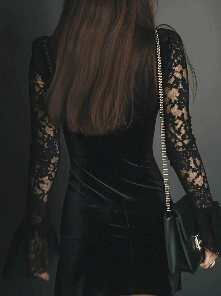 Velvet Lace Trim Plunge Long Sleeve Mini Dress