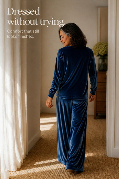 Velvet Crew Neck Long Sleeve Wide Leg Co Ord Set