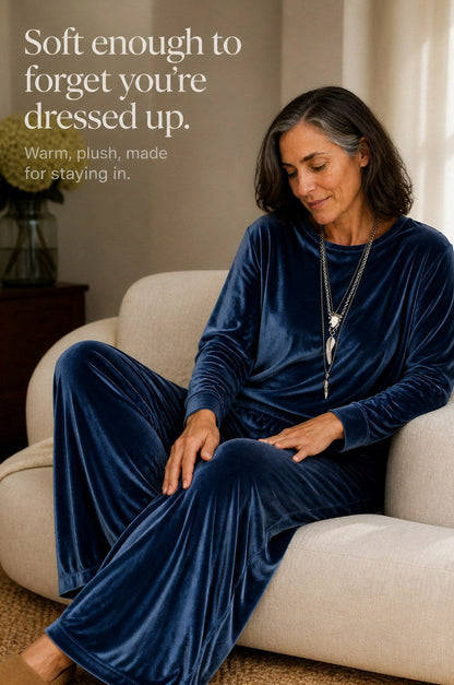 Velvet Crew Neck Long Sleeve Wide Leg Co Ord Set