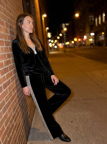 Velvet Diamante Trim V Neck Long Sleeve Co Ord Set
