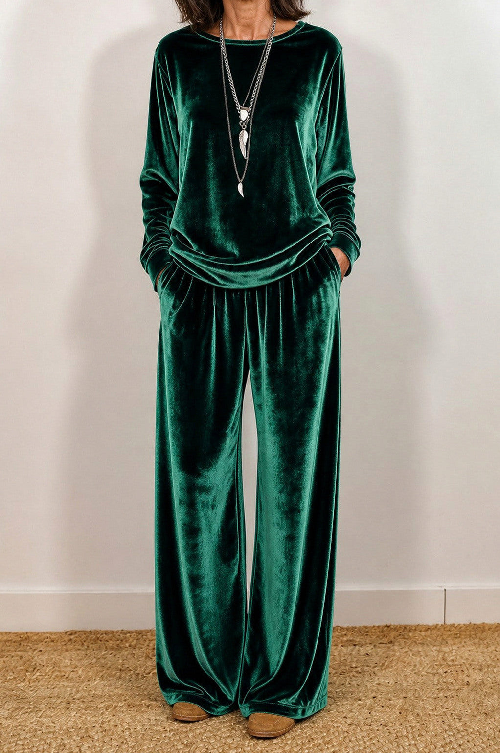 Velvet Crew Neck Long Sleeve Wide Leg Co Ord Set