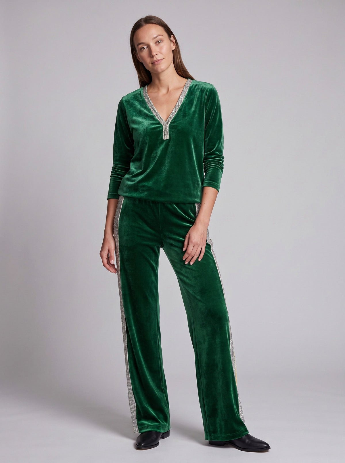 Velvet Diamante Trim V Neck Long Sleeve Co Ord Set