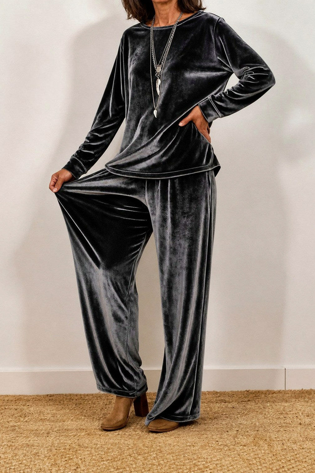 Velvet Crew Neck Long Sleeve Wide Leg Co Ord Set