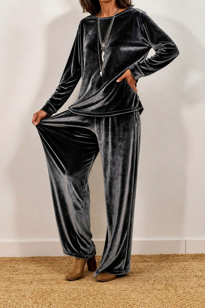 Velvet Crew Neck Long Sleeve Wide Leg Co Ord Set