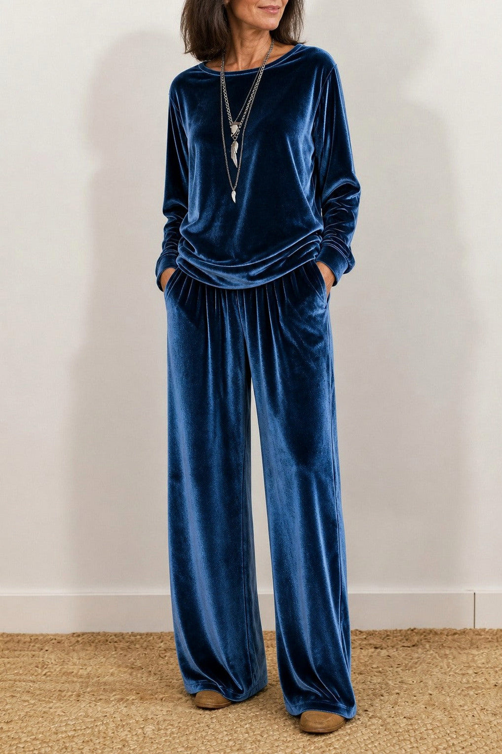 Velvet Crew Neck Long Sleeve Wide Leg Co Ord Set