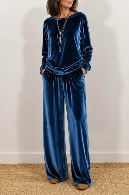 Velvet Crew Neck Long Sleeve Wide Leg Co Ord Set