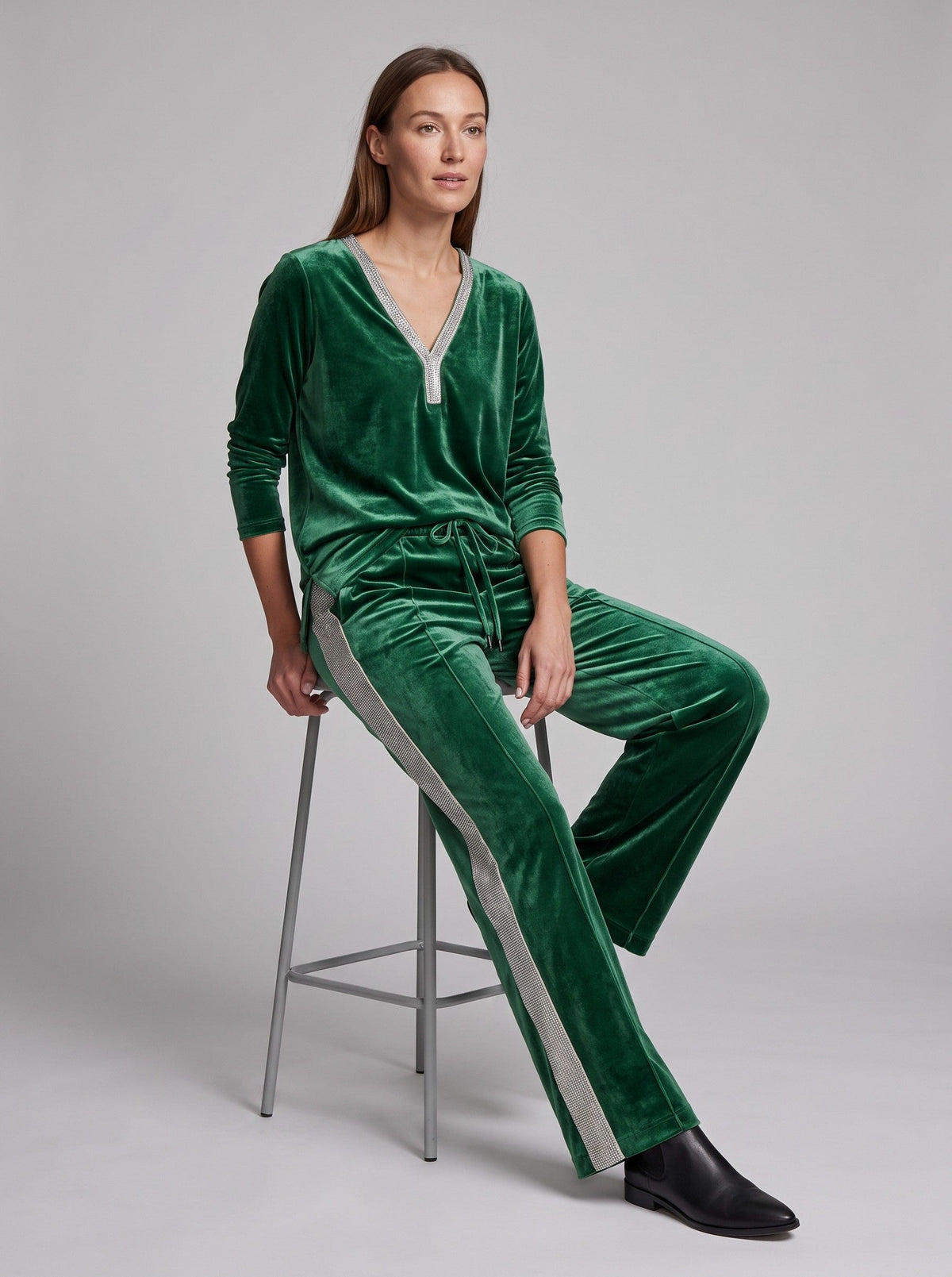 Velvet Diamante Trim V Neck Long Sleeve Co Ord Set