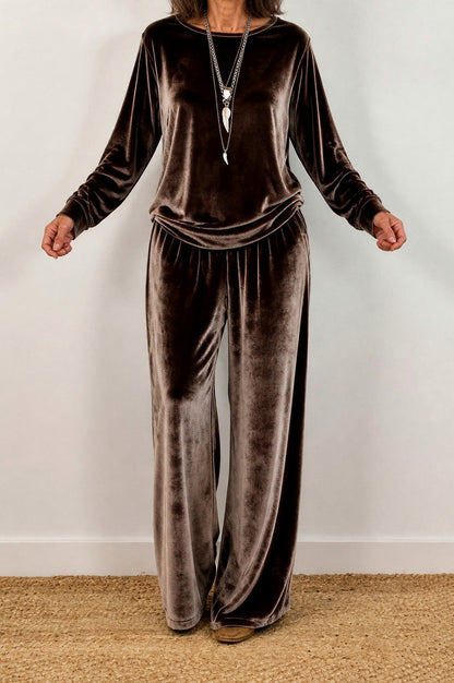 Velvet Crew Neck Long Sleeve Wide Leg Co Ord Set
