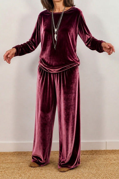 Velvet Crew Neck Long Sleeve Wide Leg Co Ord Set