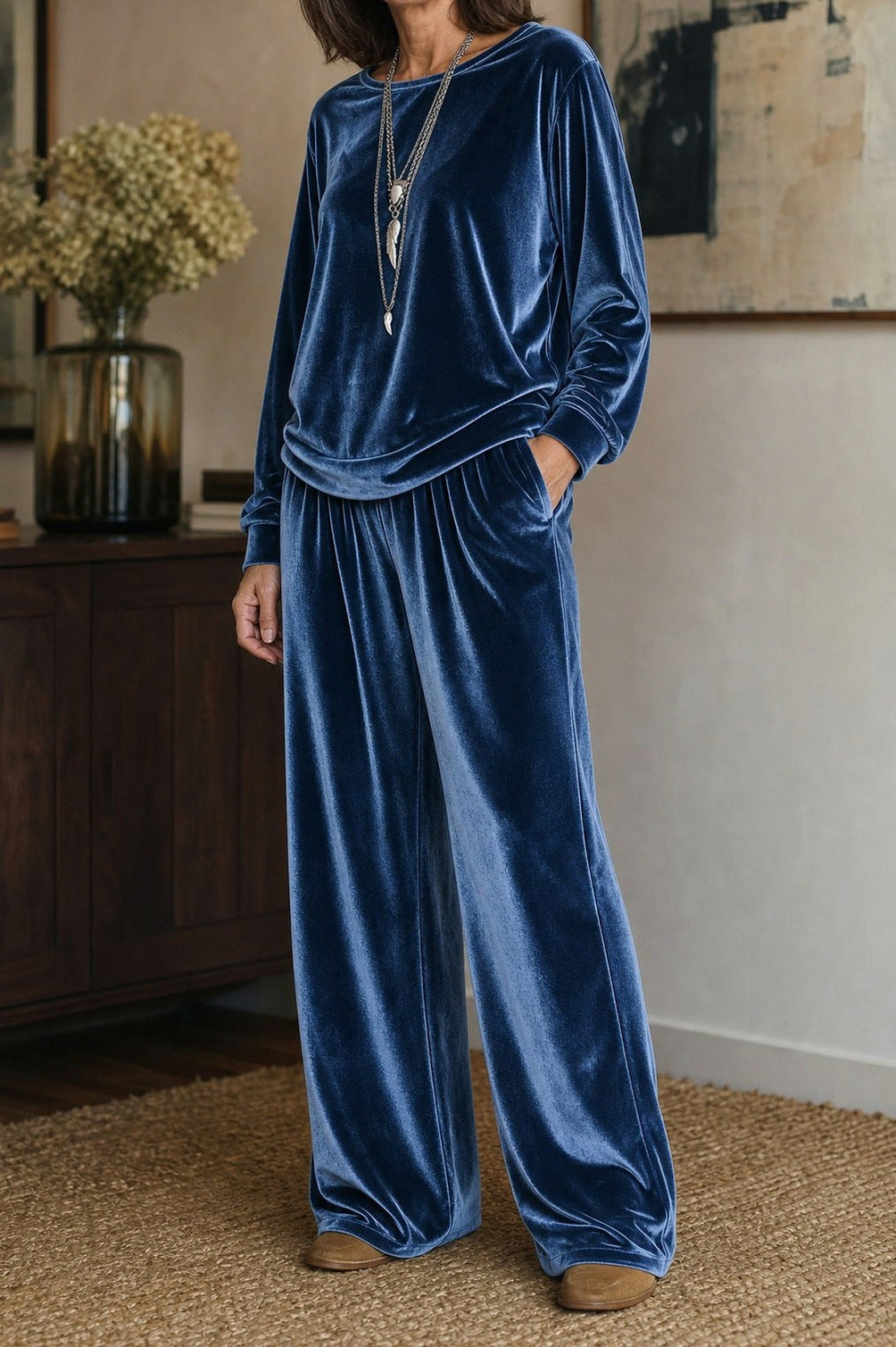 Velvet Crew Neck Long Sleeve Wide Leg Co Ord Set
