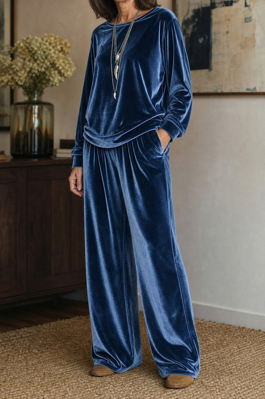 Velvet Crew Neck Long Sleeve Wide Leg Co Ord Set