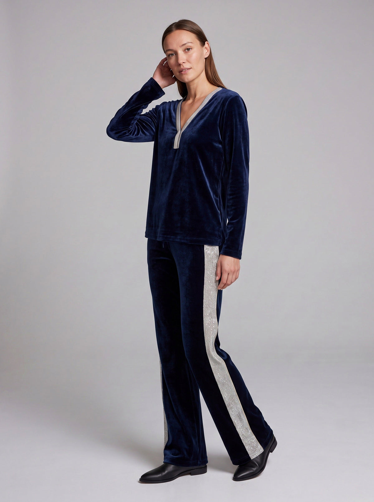 Velvet Diamante Trim V Neck Long Sleeve Co Ord Set