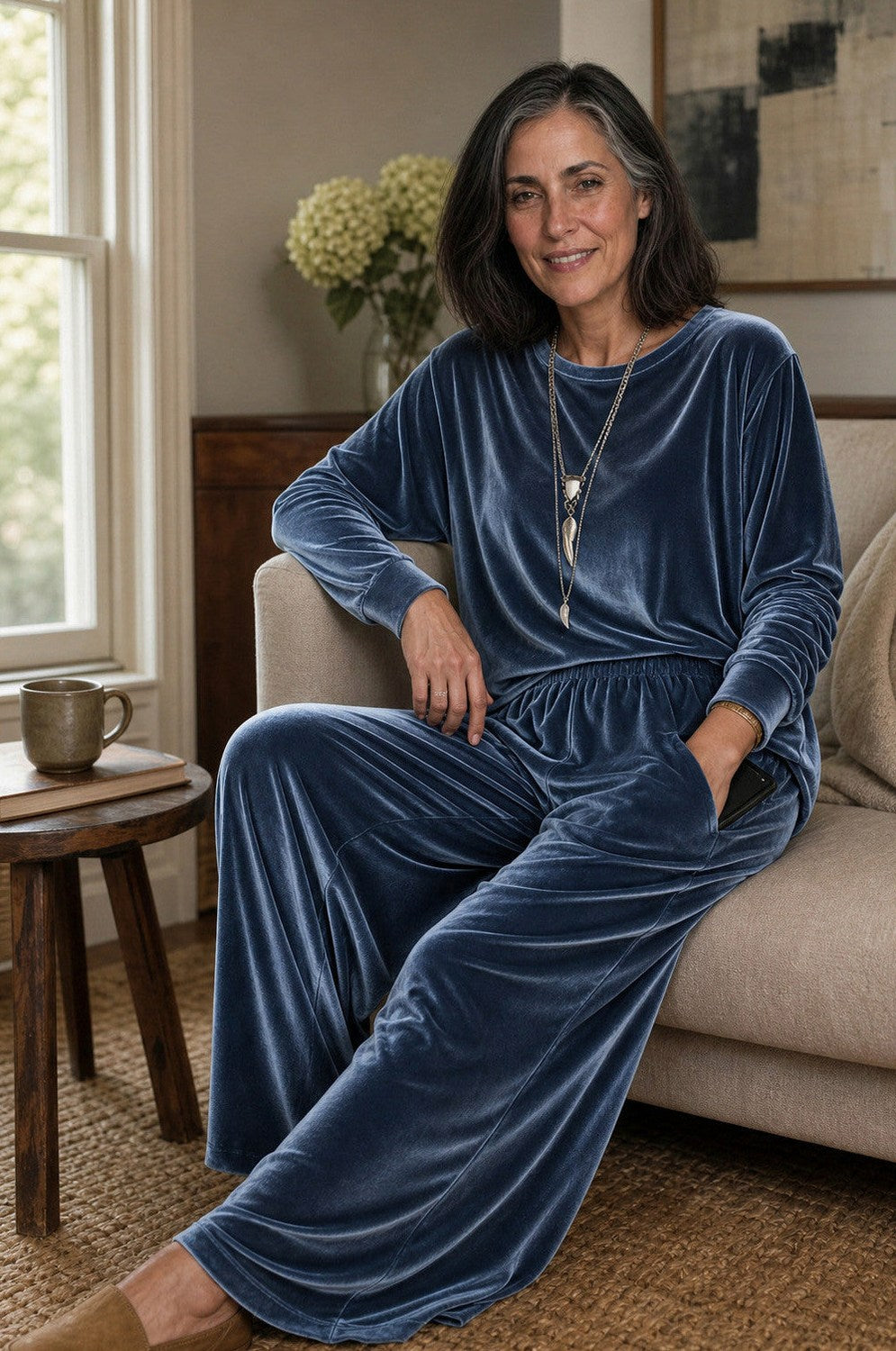 Velvet Crew Neck Long Sleeve Wide Leg Co Ord Set