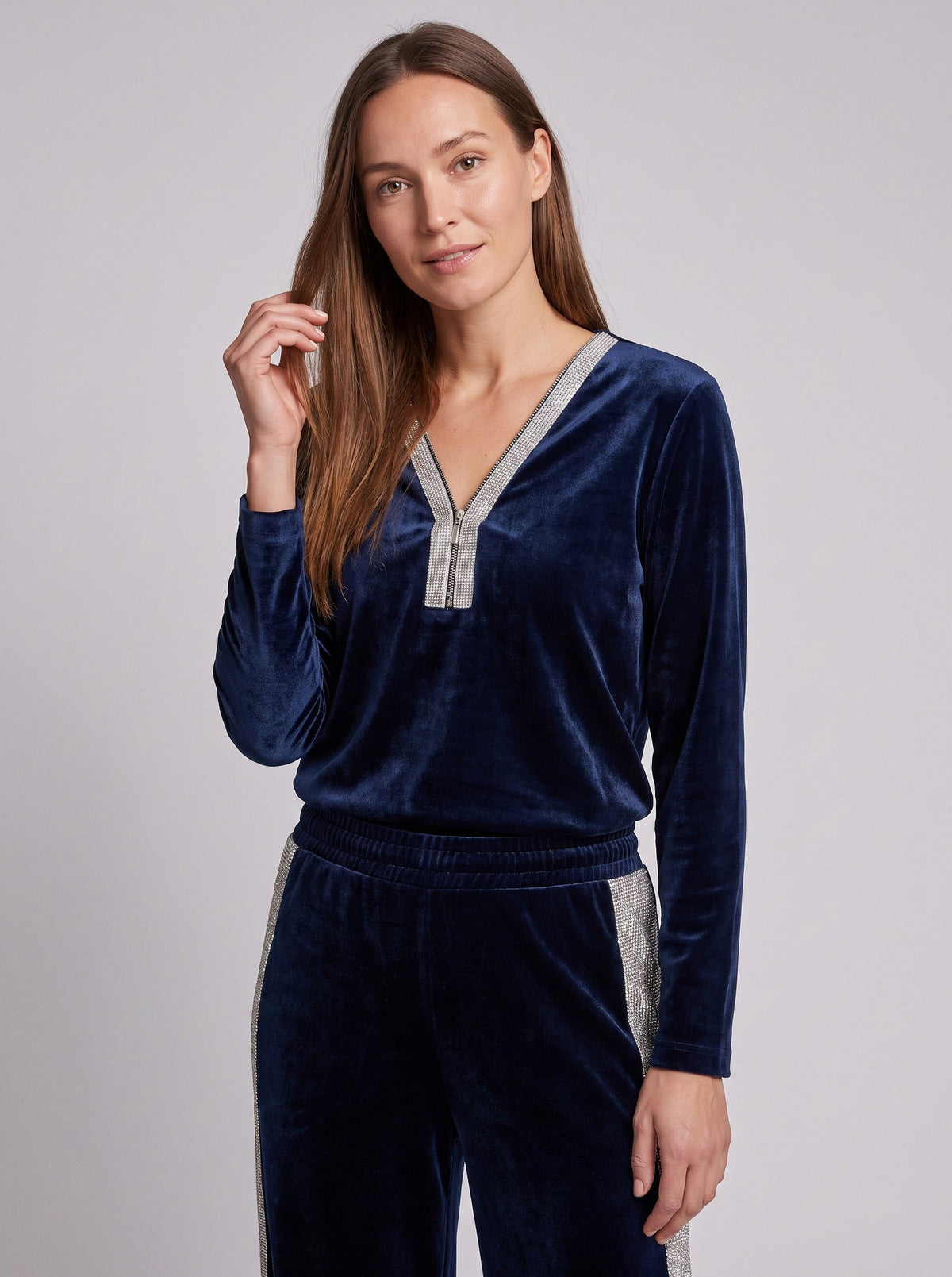 Velvet Diamante Trim V Neck Long Sleeve Co Ord Set