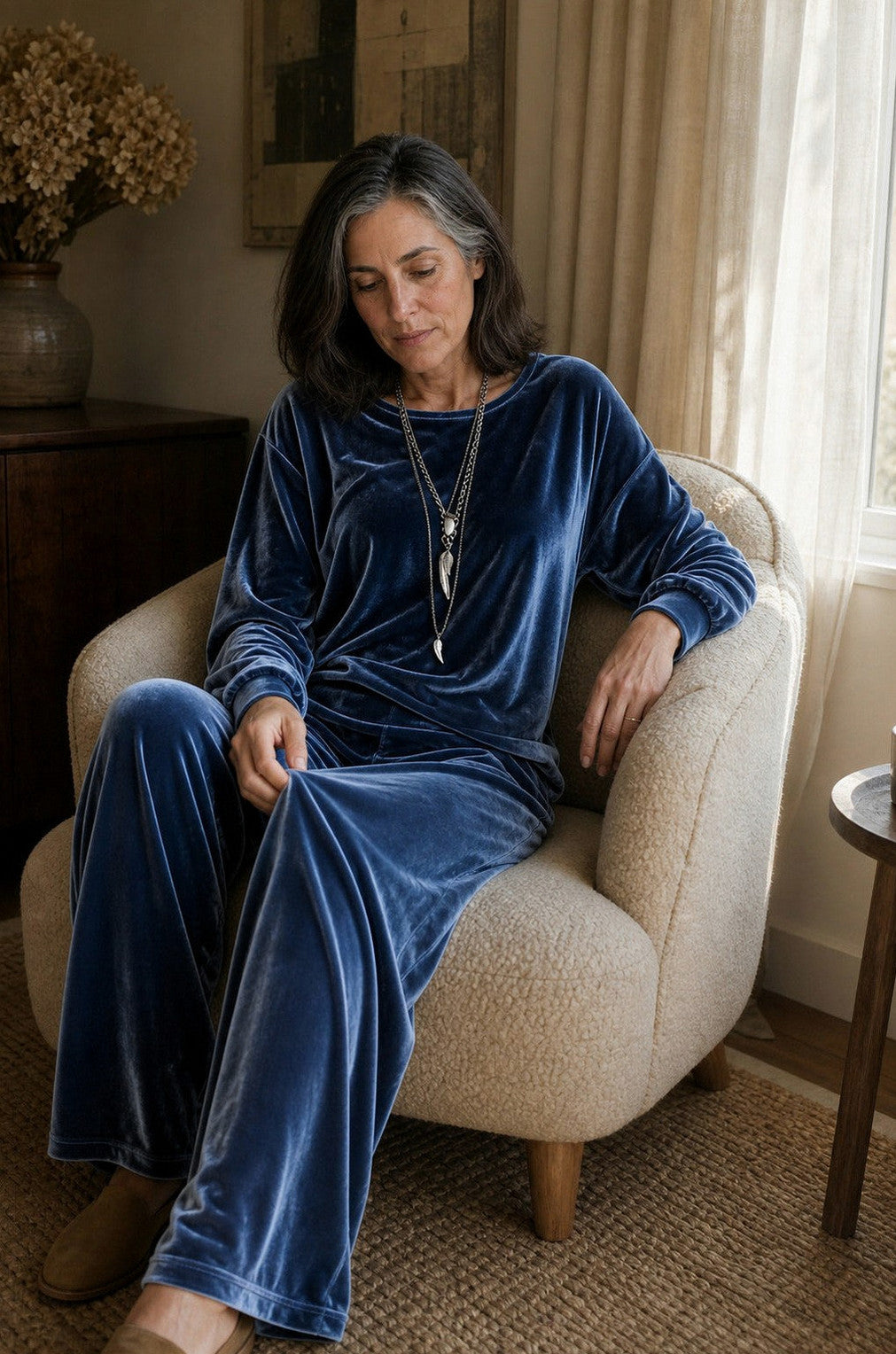 Velvet Crew Neck Long Sleeve Wide Leg Co Ord Set