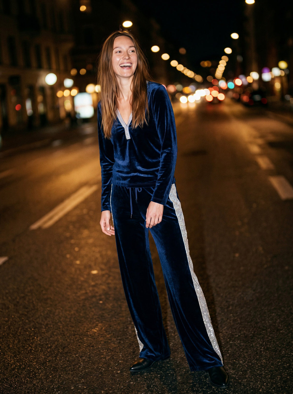 Velvet Diamante Trim V Neck Long Sleeve Co Ord Set