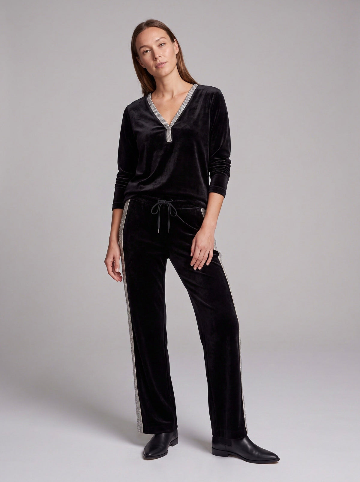 Velvet Diamante Trim V Neck Long Sleeve Co Ord Set