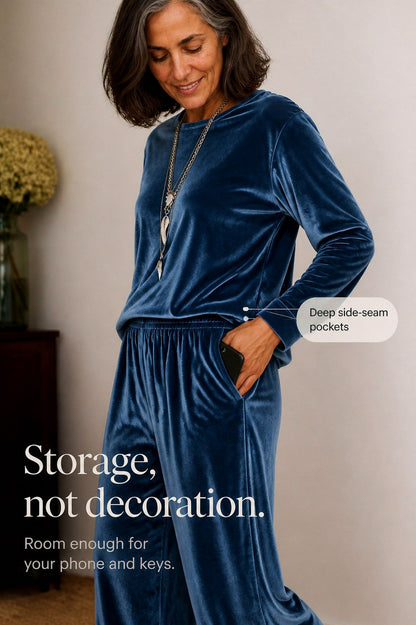 Velvet Crew Neck Long Sleeve Wide Leg Co Ord Set