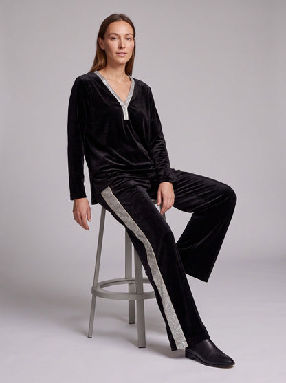 Velvet Diamante Trim V Neck Long Sleeve Co Ord Set