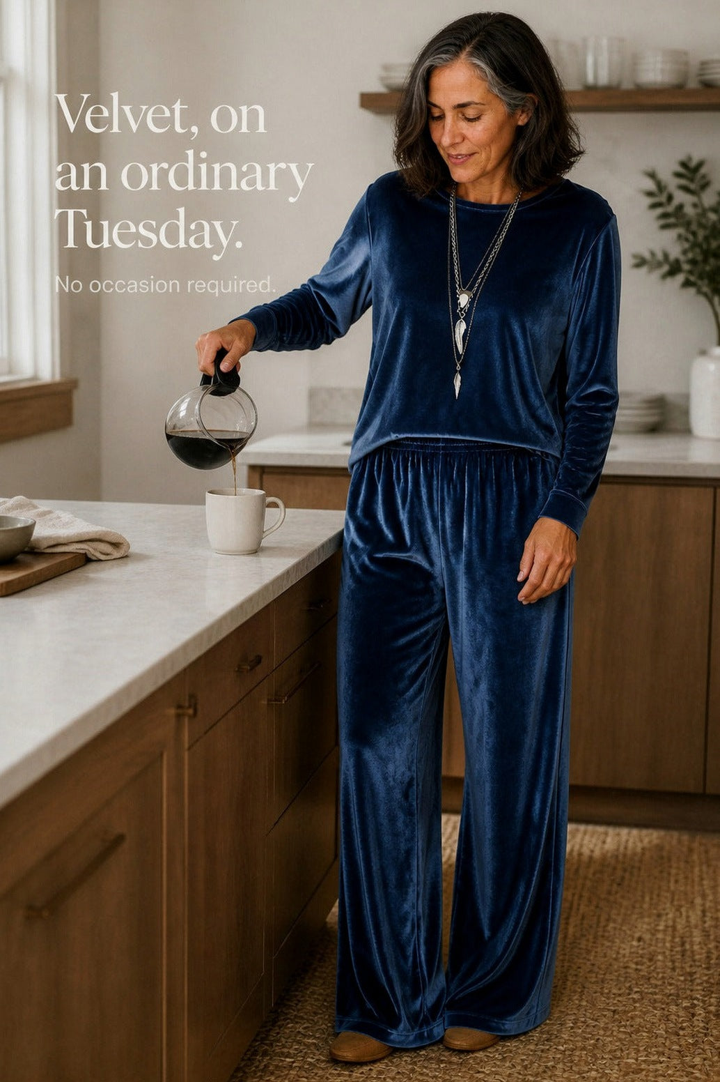 Velvet Crew Neck Long Sleeve Wide Leg Co Ord Set