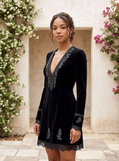 Velvet Long Sleeve Embroidered Mini Dress
