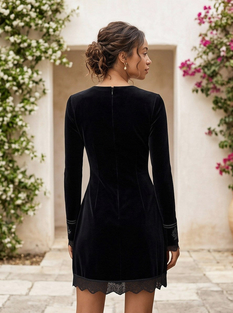 Velvet Long Sleeve Embroidered Mini Dress
