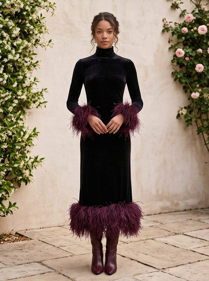 Velvet Long Sleeve Feather Midi Dress